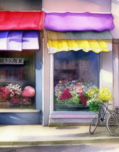 A painting of a flower shop with a bicycle nearby