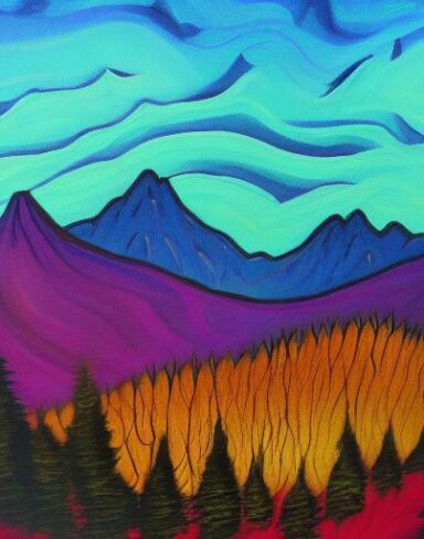 A painting of a forest with mountain