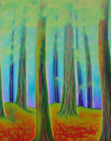 A painting of a forest with trees