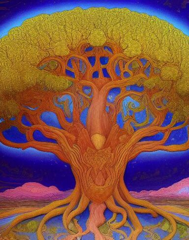 A painting of a giant tree and sky in the background