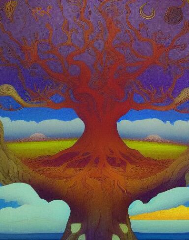 A painting of a giant tree with the sky in the background