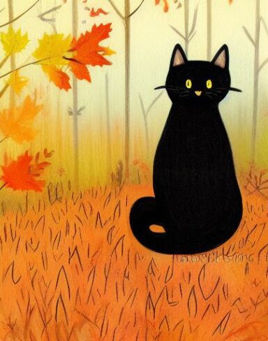 A painting of a girl and a black cat in the autumn forest
