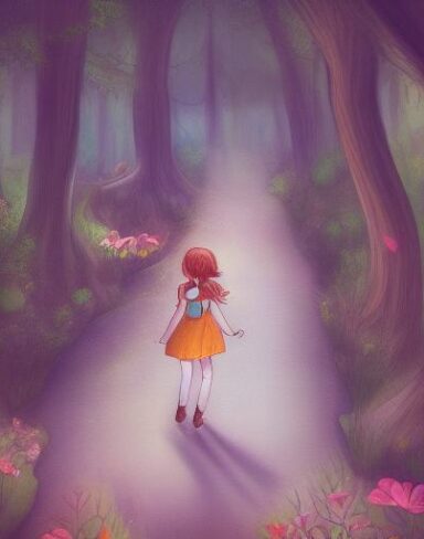 A painting of a girl in a forest