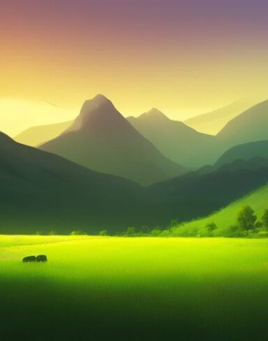 A painting of a green field with mountains in the background at nighttime