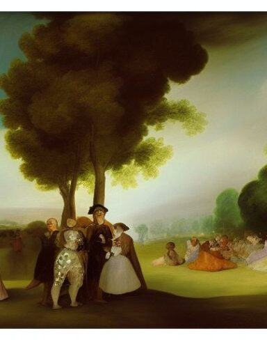 A painting of a group of couples having fun on the green land by Francisco de Holanda