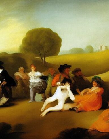 A painting of a group of people having fun on the green land by Francisco de Holanda