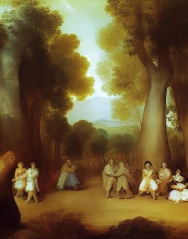 A painting of a group of people in the forest by Francisco de Holanda