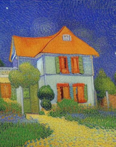 A painting of a house in garden