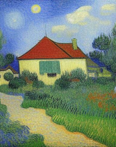 A painting of a house in garden