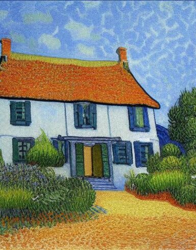 A painting of a house in garden