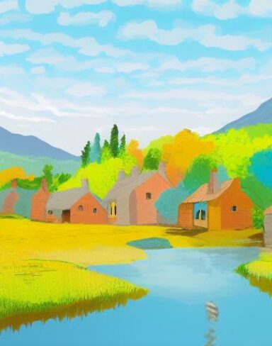 A painting of a house village near a lake