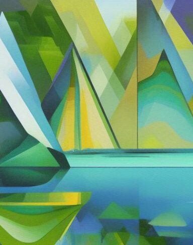 A painting of a lake with greenery in the background