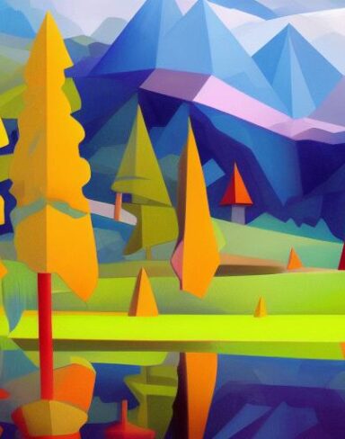 A painting of a lake with trees in the background