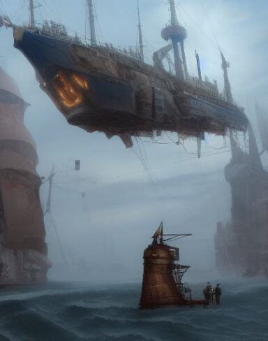 A painting of a man and giant ship