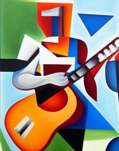 A painting of a man playing a guitar