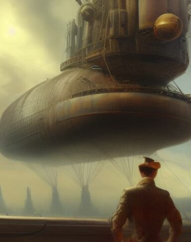 A painting of a man standing in front of a giant ship