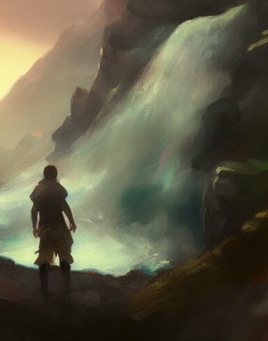 A painting of a man standing in front of a waterfall