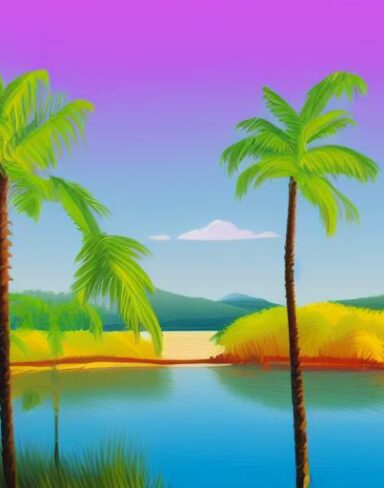 A painting of a palm tree near a lake