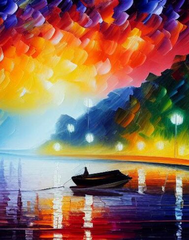 A painting of a river and a boat at night