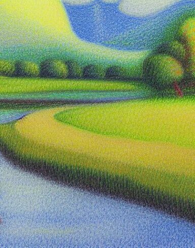 A painting of a river surrounded by a farm
