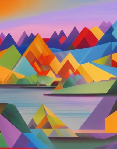 A painting of a river with mountains in the background