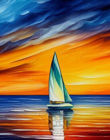 A painting of a sailboat at sunset floating in the middle of the sea
