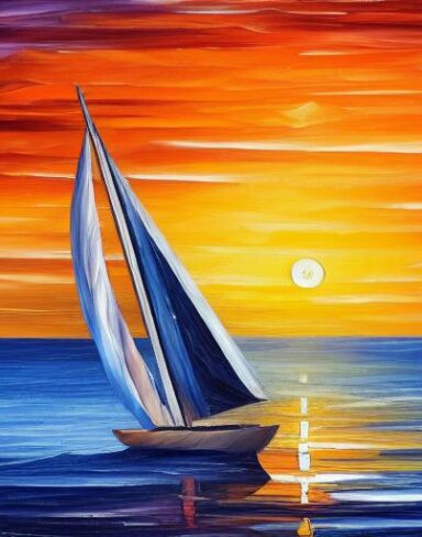 A painting of a sailboat at sunset in the sea