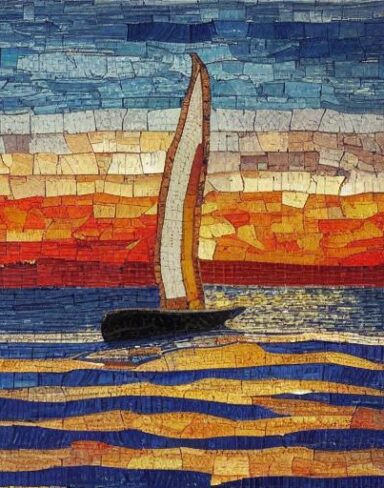 A painting of a sailboat in the sea