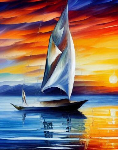A painting of a sailboat with sunset