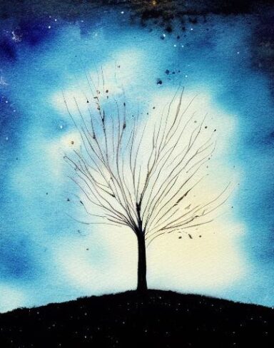 A painting of a tree shadow in the night galaxy sky