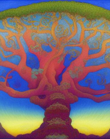 A painting of a tree with a cloudy sky in the background