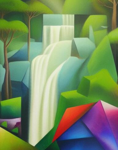 A painting of a waterfall with greenery in the background