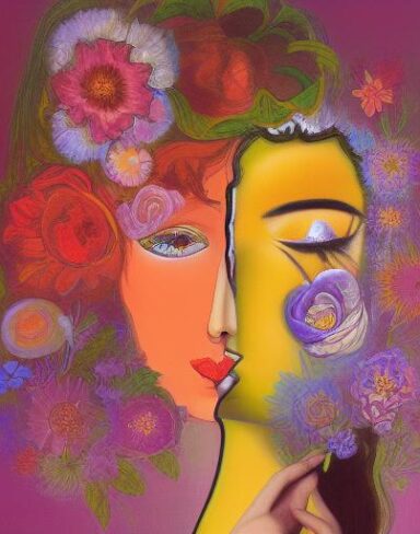 A painting of a woman and with flowers