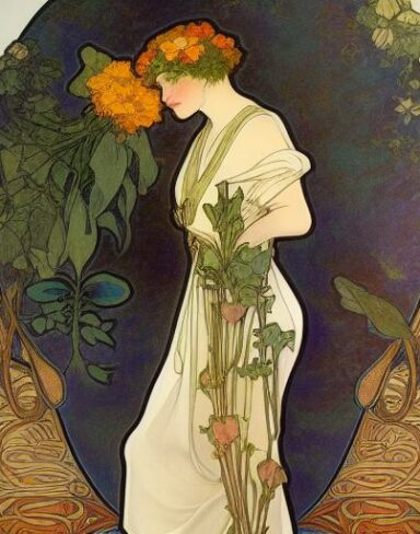 A painting of a woman holding a flowers