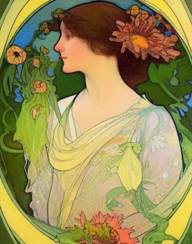 A painting of a woman holding a flowers