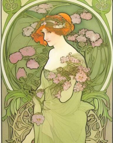 A painting of a woman holding a flowers