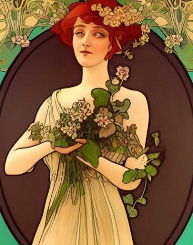 A painting of a woman holding flower