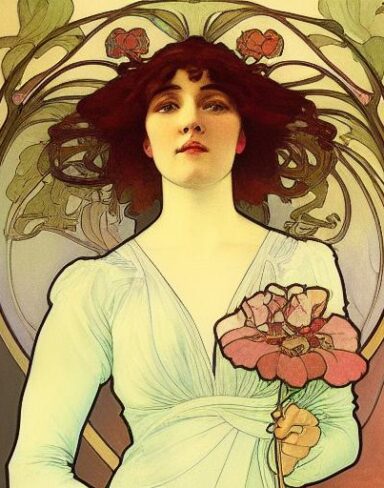 A painting of a woman holding flowers