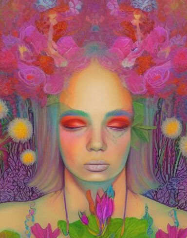 A painting of a woman surrounded by flowers