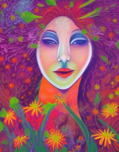 A painting of a woman surrounded by flowers in spring