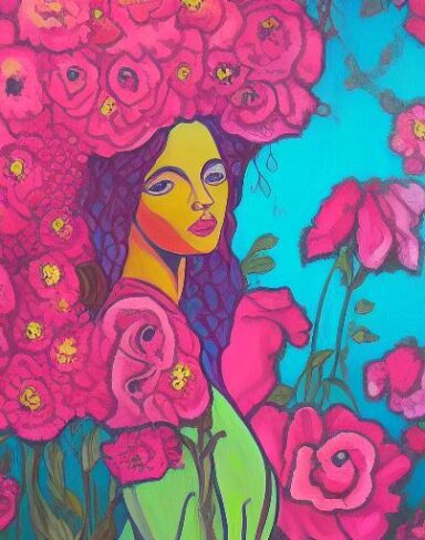 A painting of a woman surrounded by pink flowers