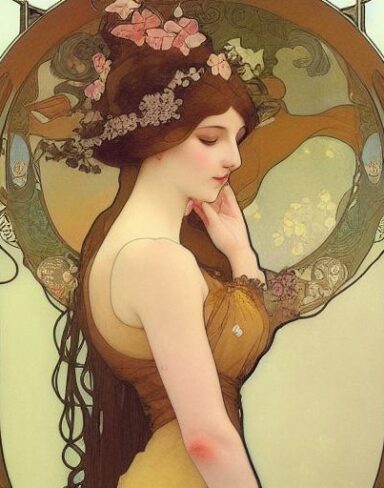 A painting of a woman with flowers in her hair