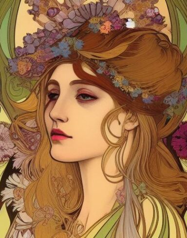 A painting of a woman with flowers in her hair