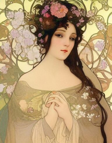 A painting of a woman with flowers in her hair