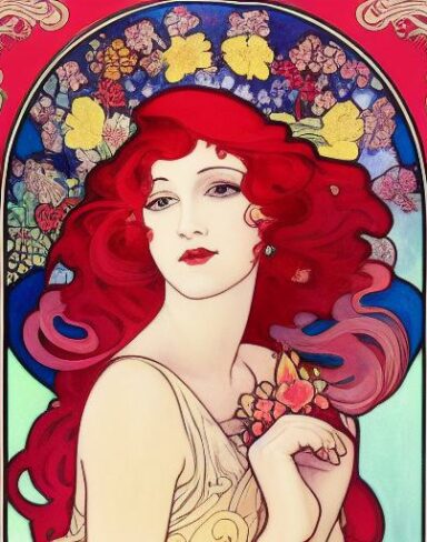 A painting of a woman with flowers in her red hair