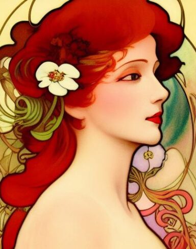 A painting of a woman with flowers in her red hair