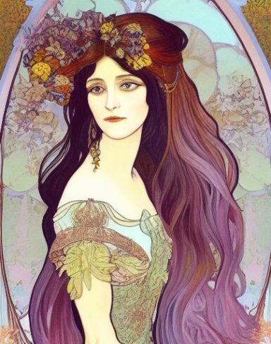 A painting of a woman with long hair