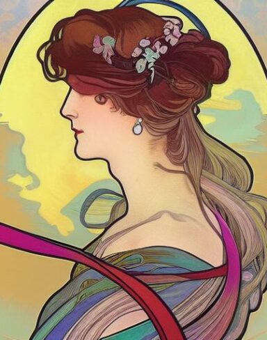 A painting of a woman with ribbon in her hair