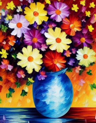 A painting of beautiful and colorful flowers in a vase on a table
