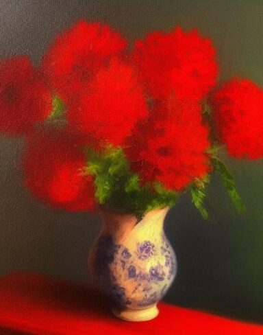 A painting of beautiful red flowers in a vase on a table